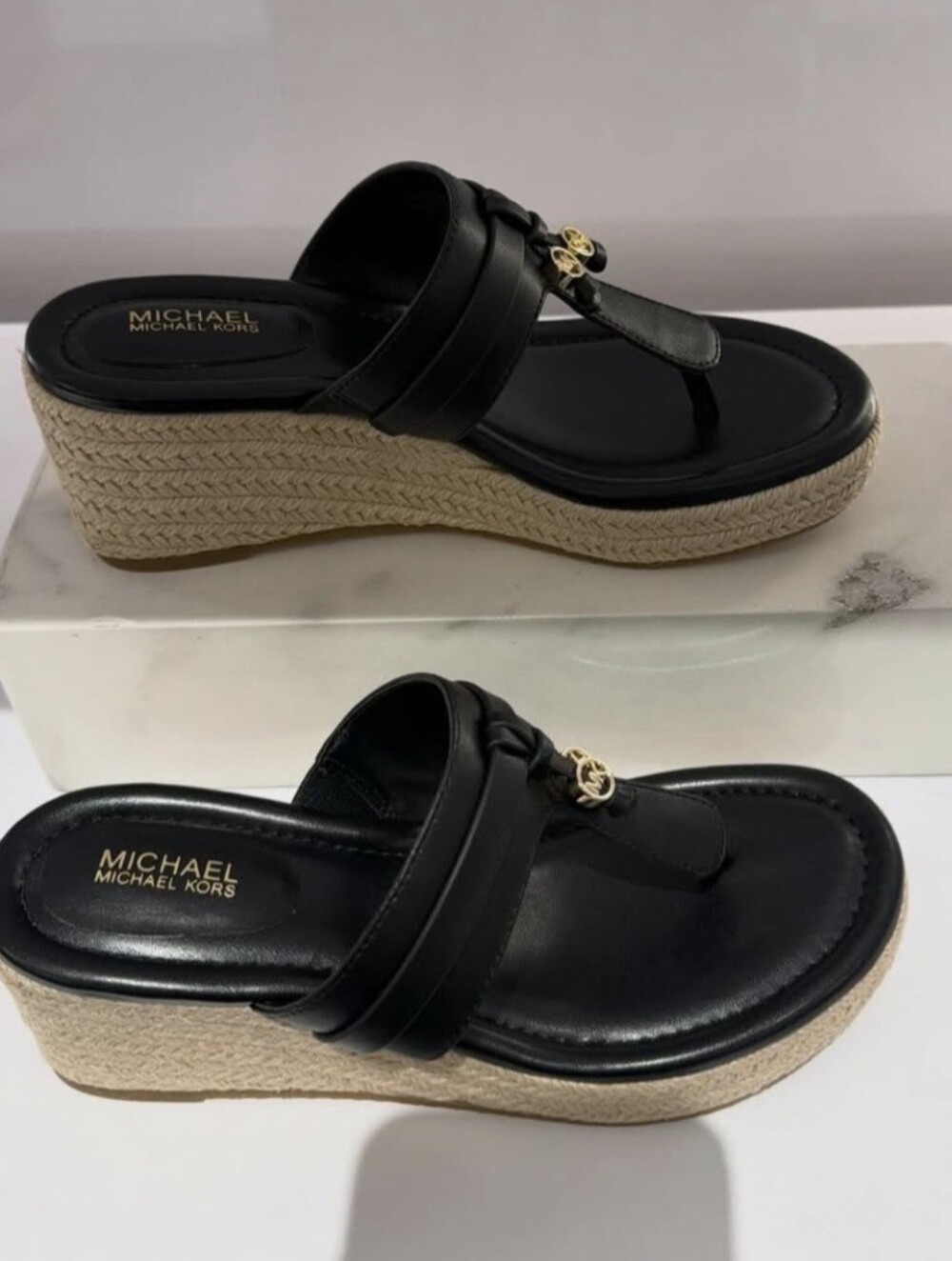 MICHAEL Michael Kors Black Wedge Espadrille Thong Sandals